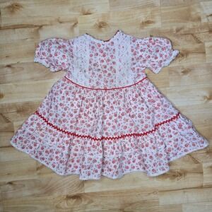 Montgomery‎ Ward Vtg Baby Prarie Cottage Core Floral Red Dress 3T USA Made Lace